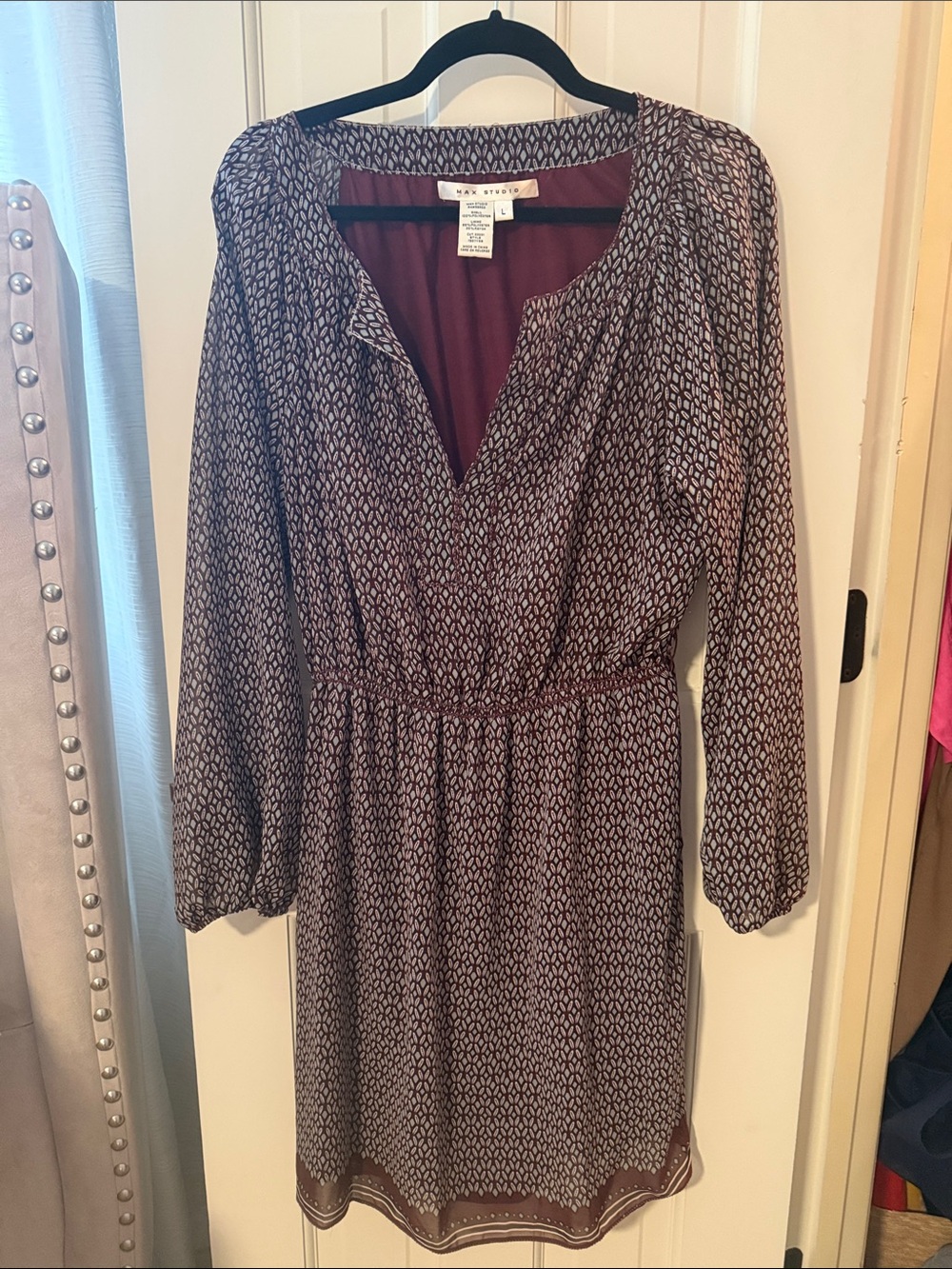 Max Studio Burgundy and Navy Patterned Long-Sleeve Dress